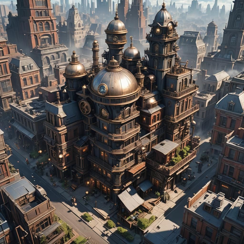 Steampunk Sci-Fi Cityscape in Anime Style