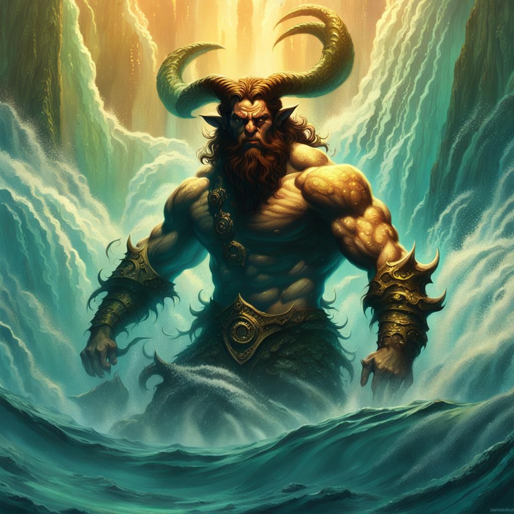 Satyr Barbarian in Underwater Whirlpool, Fantasy Art