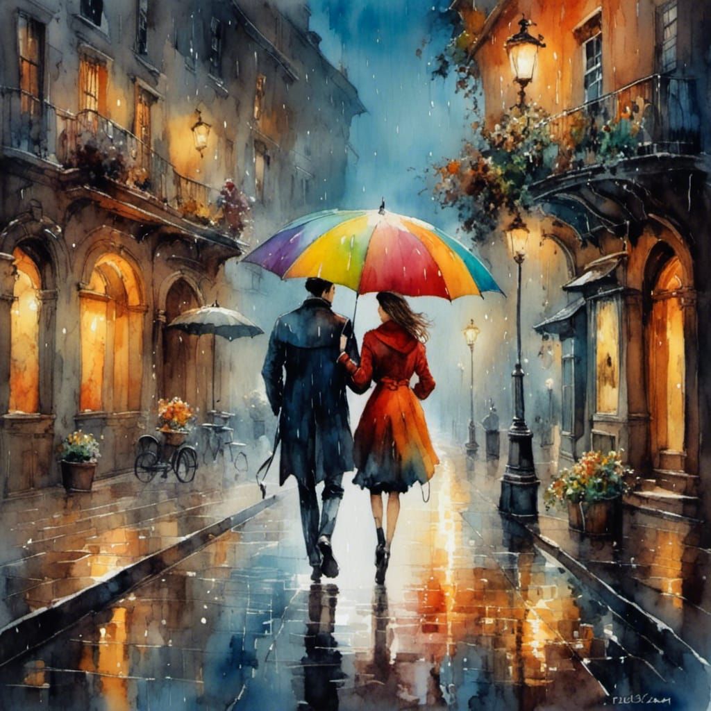 Couple in Rainy Street: Romantic Watercolor