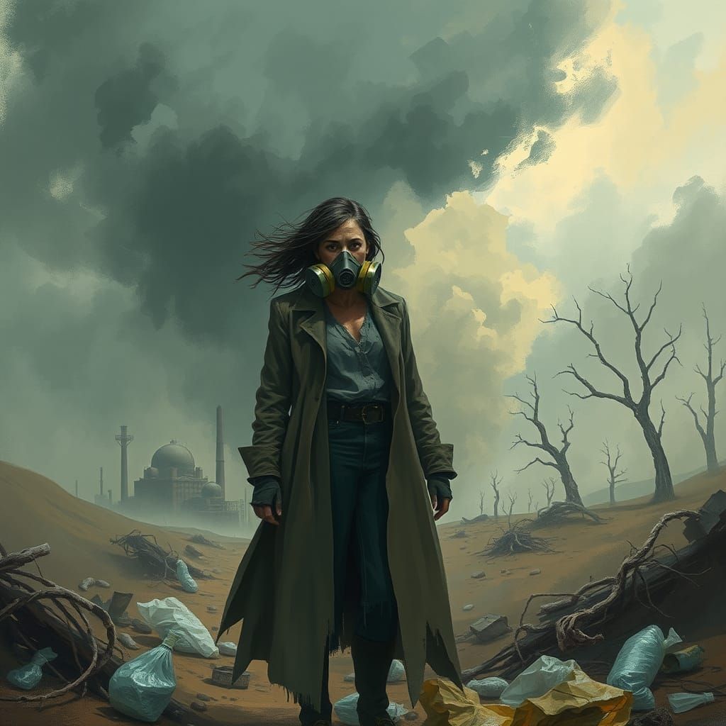 Dystopian Woman in Polluted Wasteland, Gritty Realism