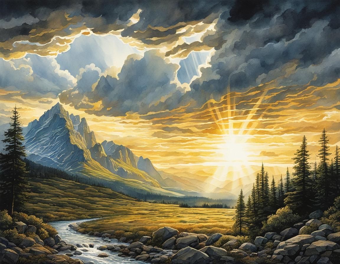 Rays of sunlight shining through dark clouds :: Rocky Mountains  :: fantastically, Intricately detailed :: Beatrix, pott...