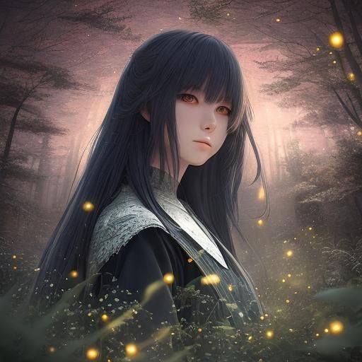 Dreamy Anime Girl in Forest at Night