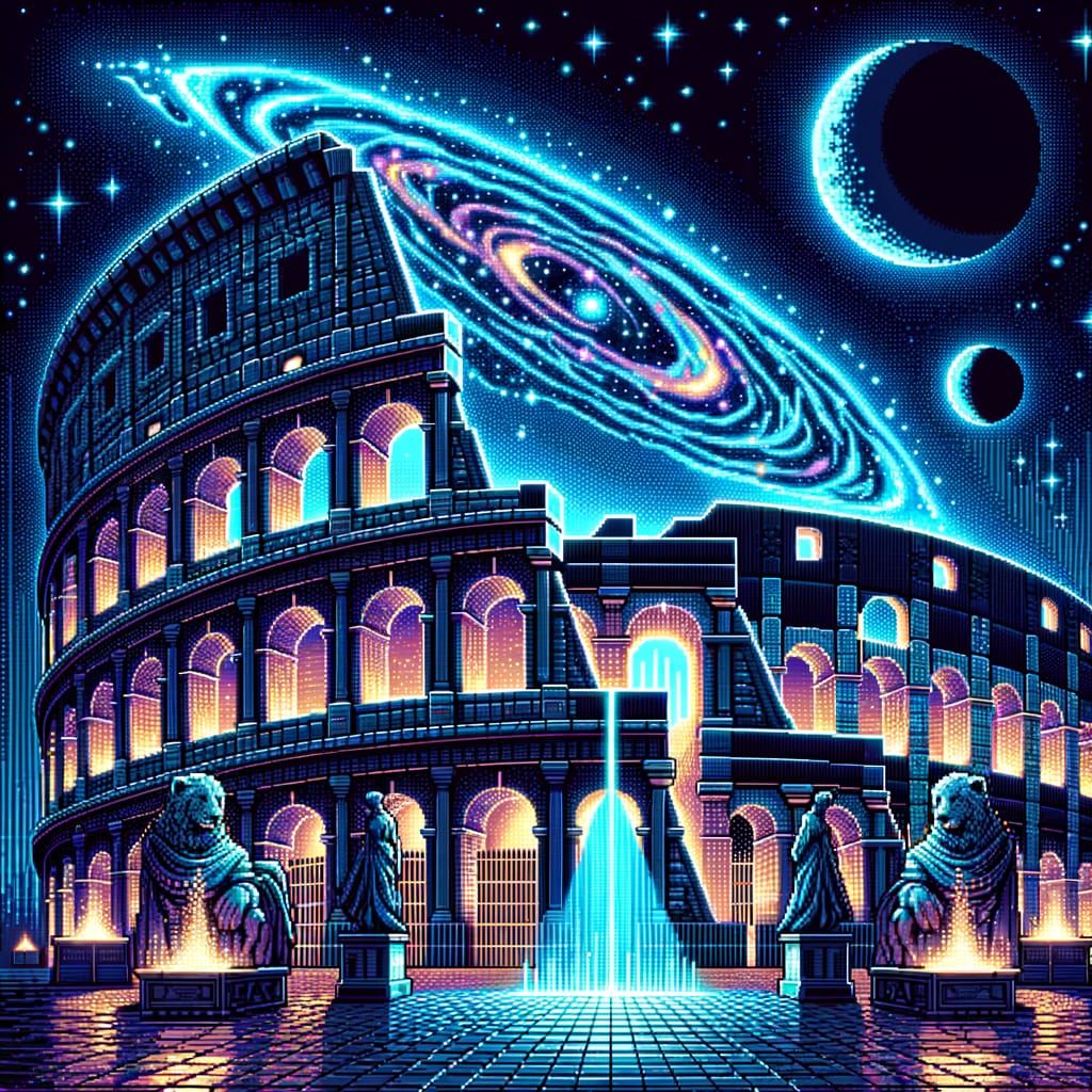16-Bit Pixel Art Colosseum Under Cosmic Nebula