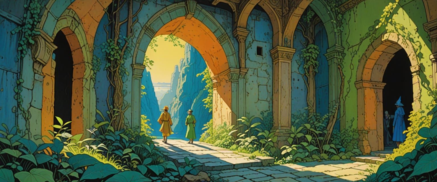 Elves in Abandoned Passageway: Whimsical Fantasy Art