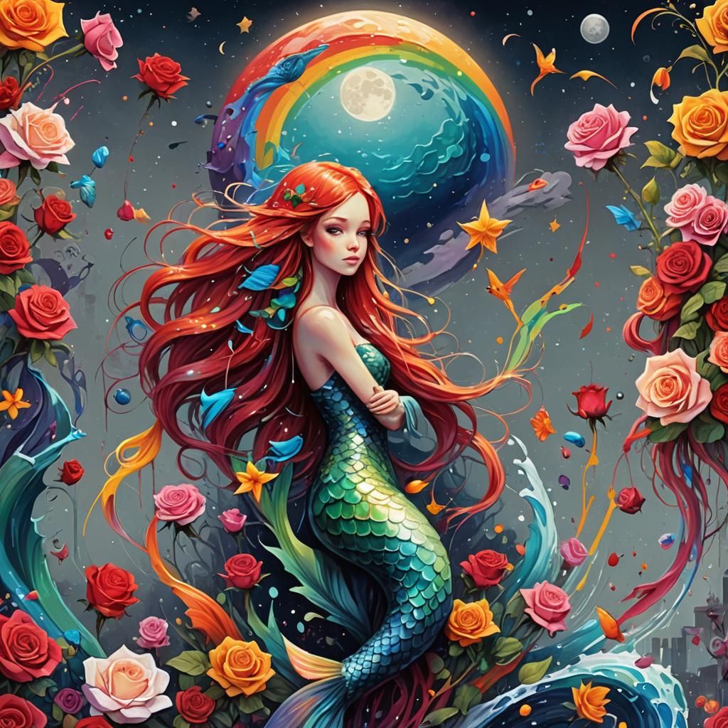 Mermaid in Graffiti Art with Rainbow and Roses