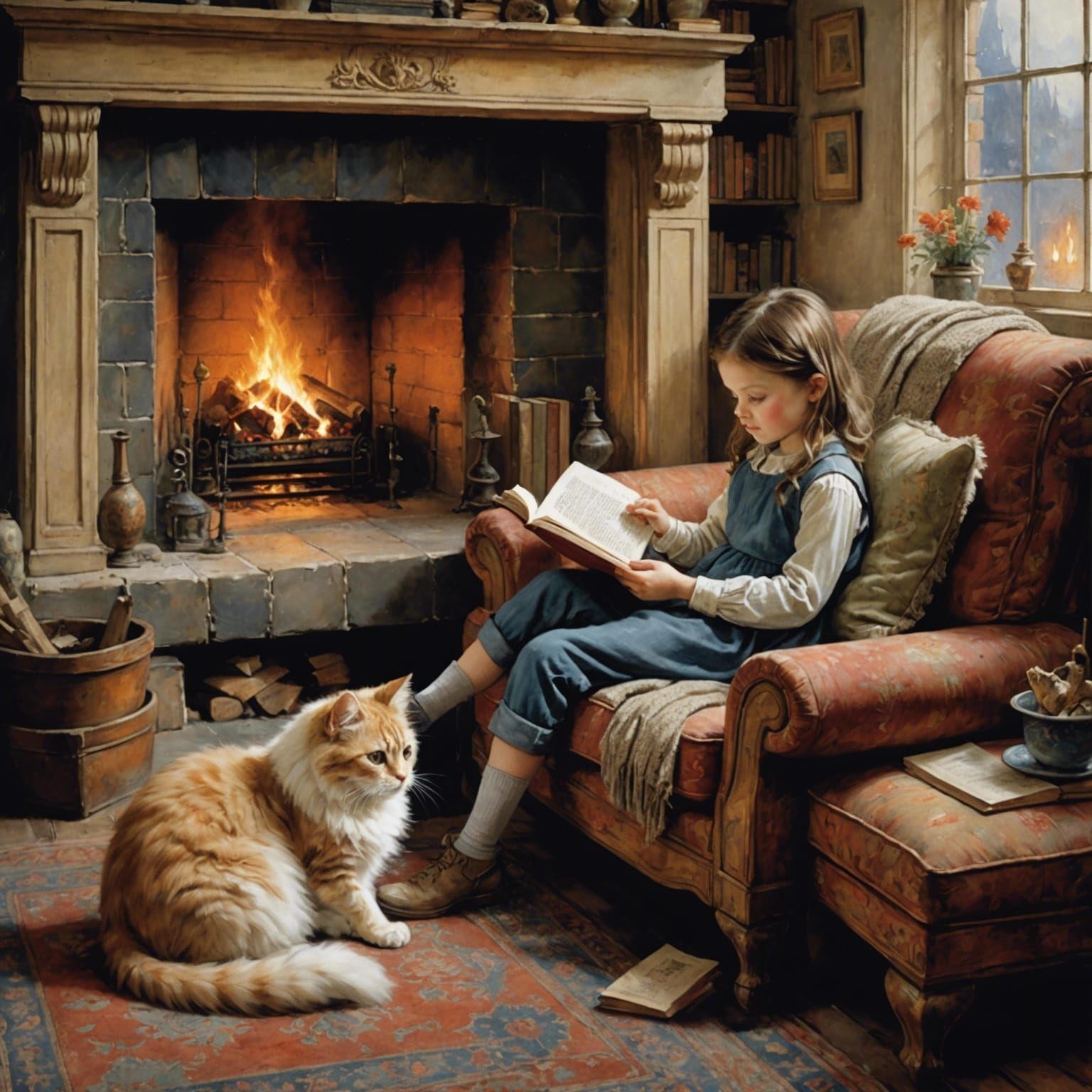 Girl Reading with Cat by Fireplace: Whimsical Art