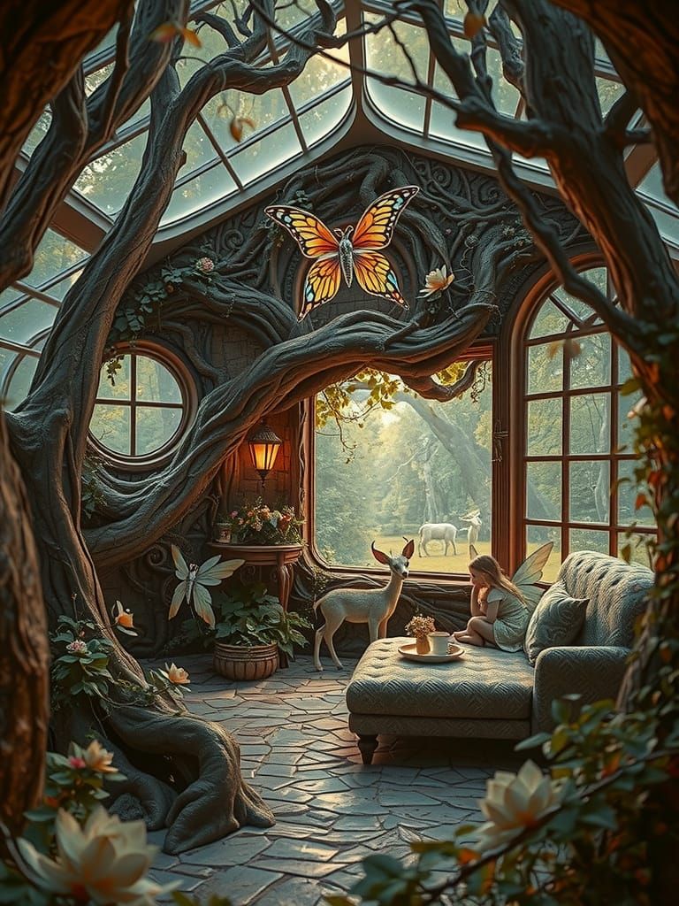 A surreal scene of two mystical fairy children sitting besid...