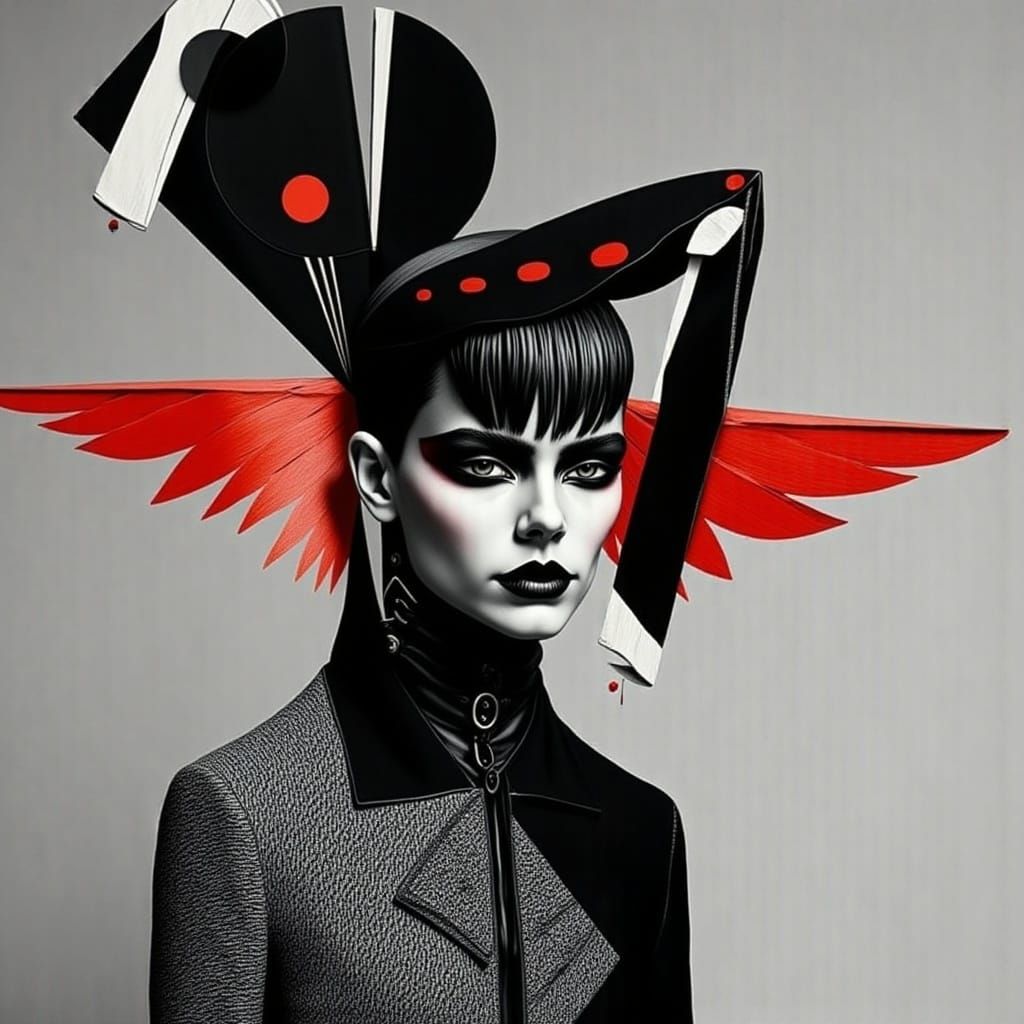 Cyberpunk Fashion Model with Geometric Wings in High Contras...