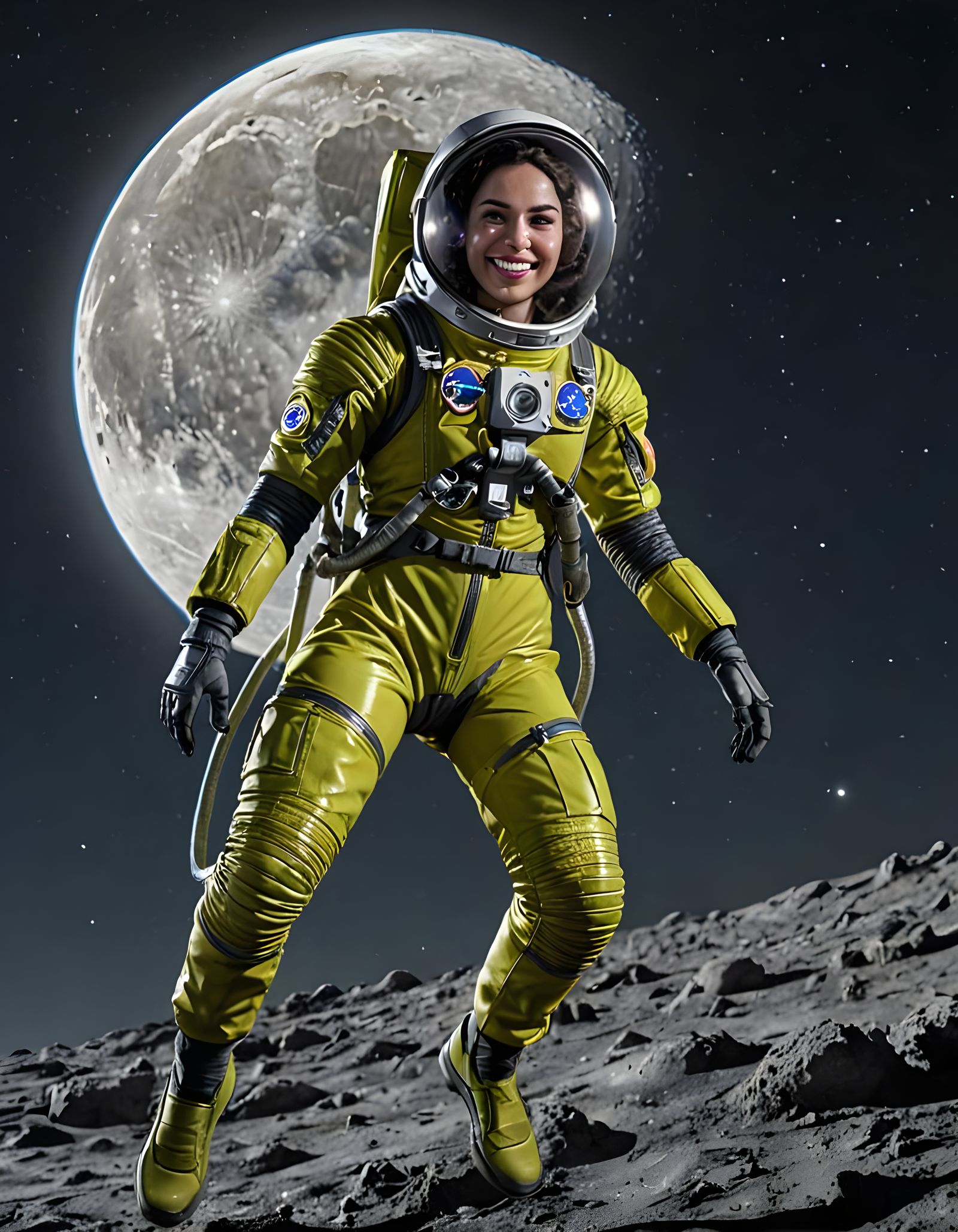 Astronaut Hopping on the Moon in Chartreuse Spacesuit