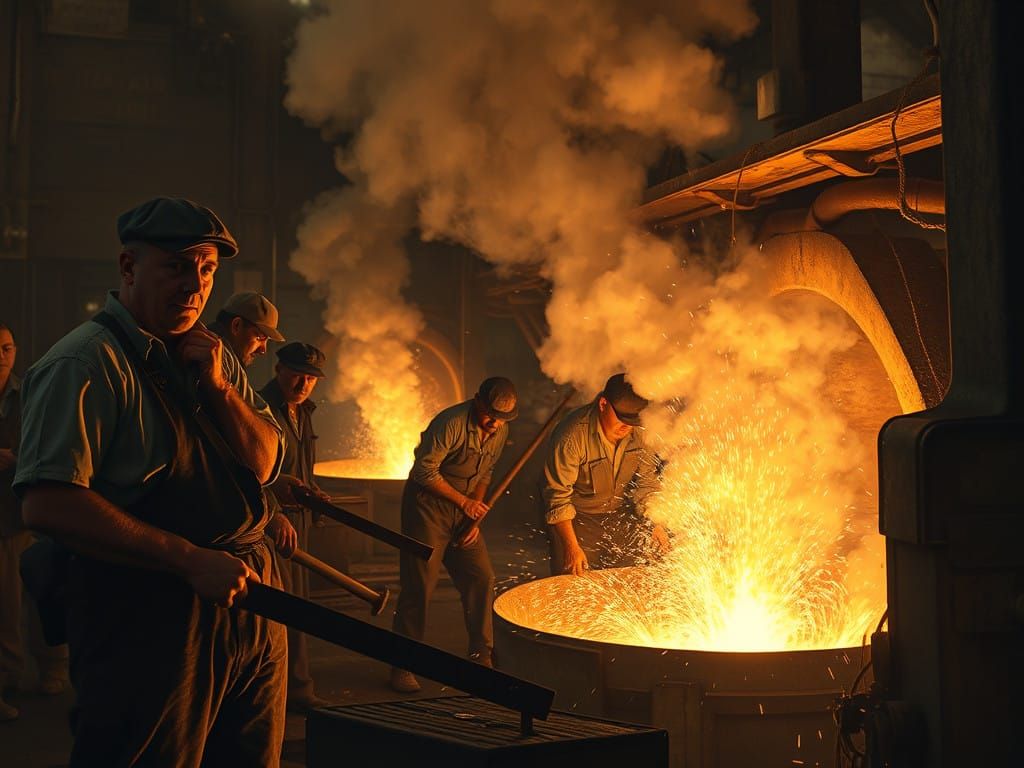 Industrial Workers Labor Amidst Molten Steel and Sparks