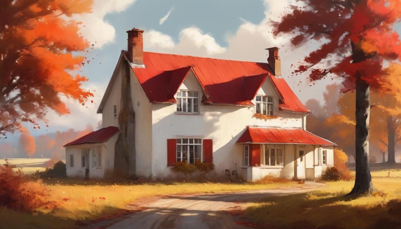 Digital painting of a picturesque autumnal house, red roof, ...