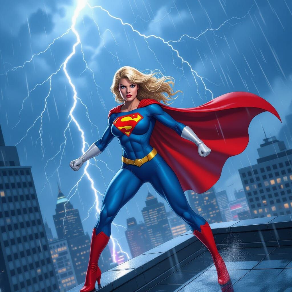 Powergirl Poses on Skyscraper During Thunderstorm