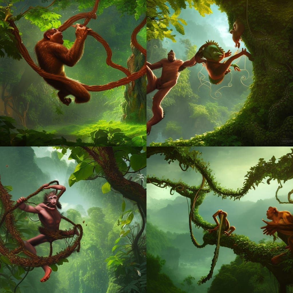 Monkey Swinging: Detailed Fantasy Concept Art