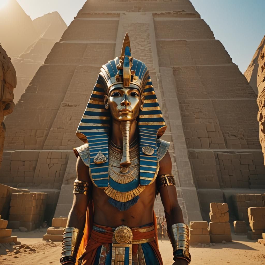 Regal Pharaoh Before Majestic Pyramid in Cinematic Style