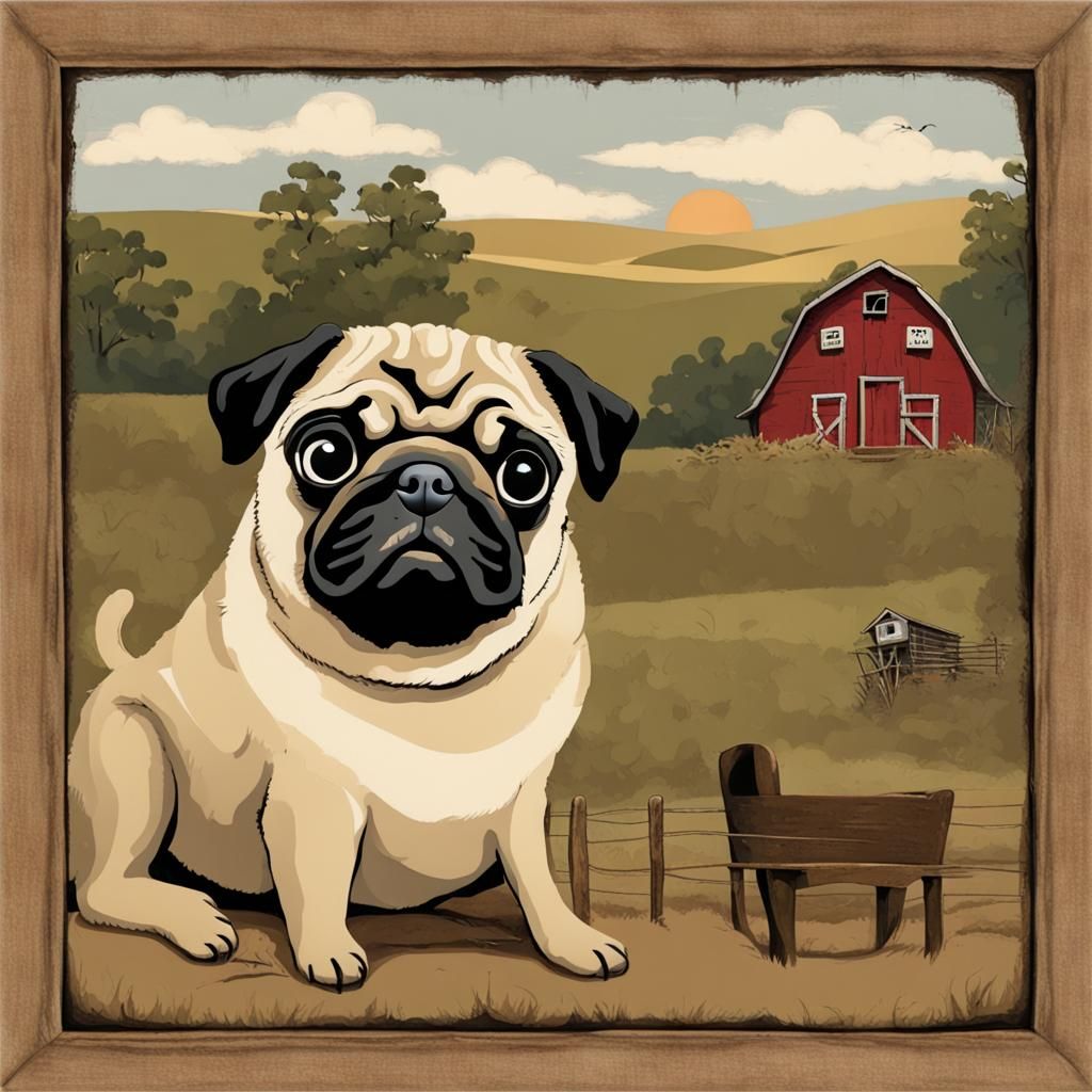 Pug in Country Primitive Style