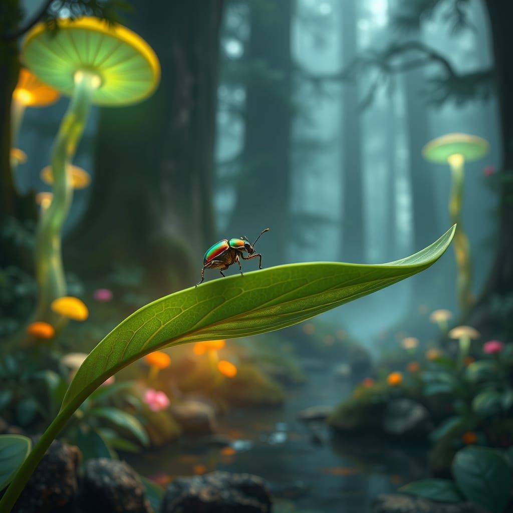 Iridescent Beetle Rides a Vibrant Leaf Through a Fantastical...