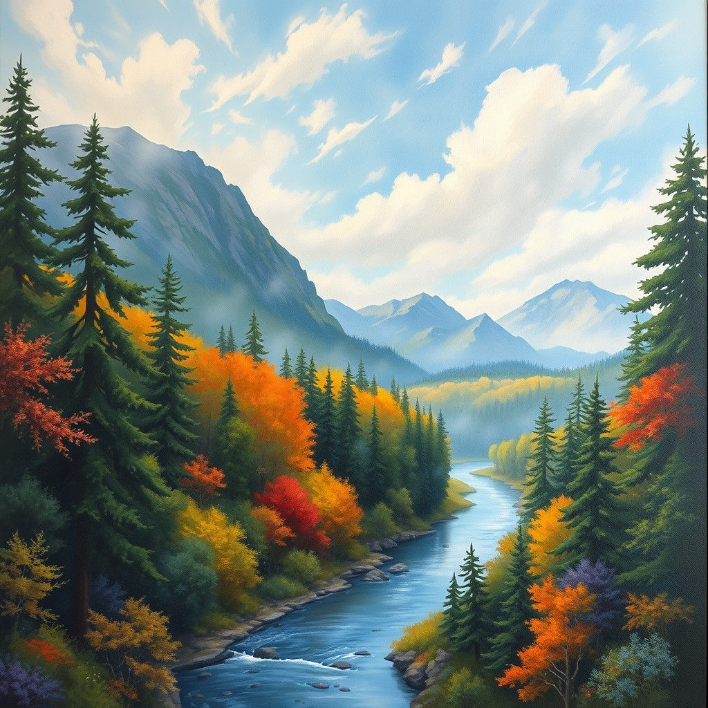 Lush Forest River in Impressionist Gouache Style