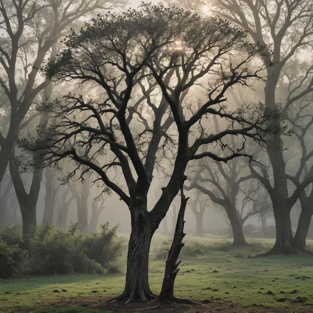 Cartoon Tree Scratching Head in Morning Light