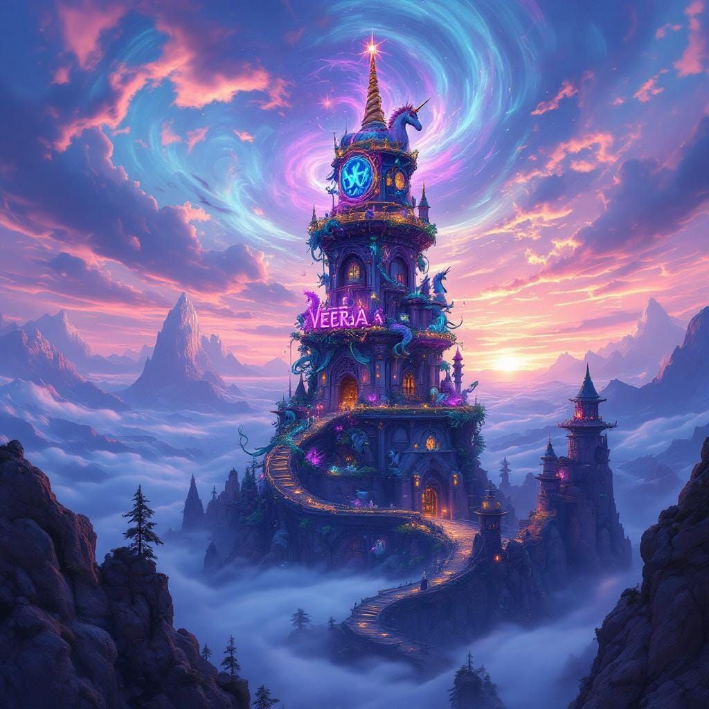 Majestic Unicorn Tower in Fantasy Landscape