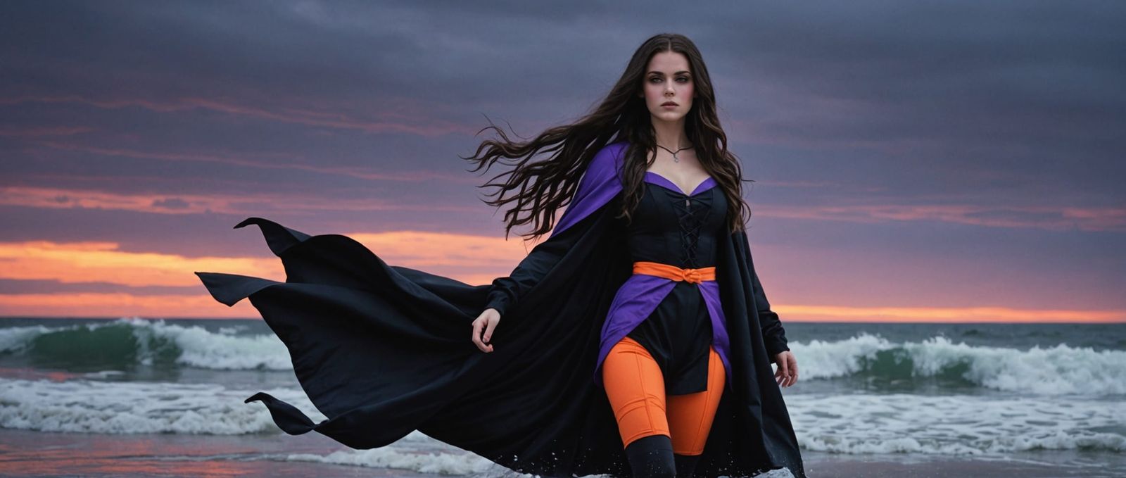 A 20-year-old witch with long hair hanging in waves, her hai...