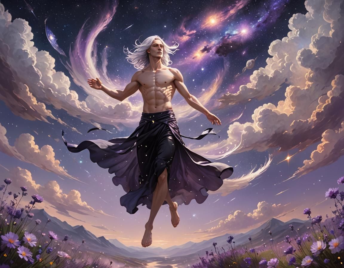 Cosmic God with Lavender Flowers in Nebula