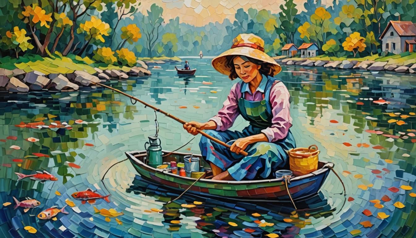 Cartoon Housewife's Fishing Passion: Neo-Impressionist Oil P...