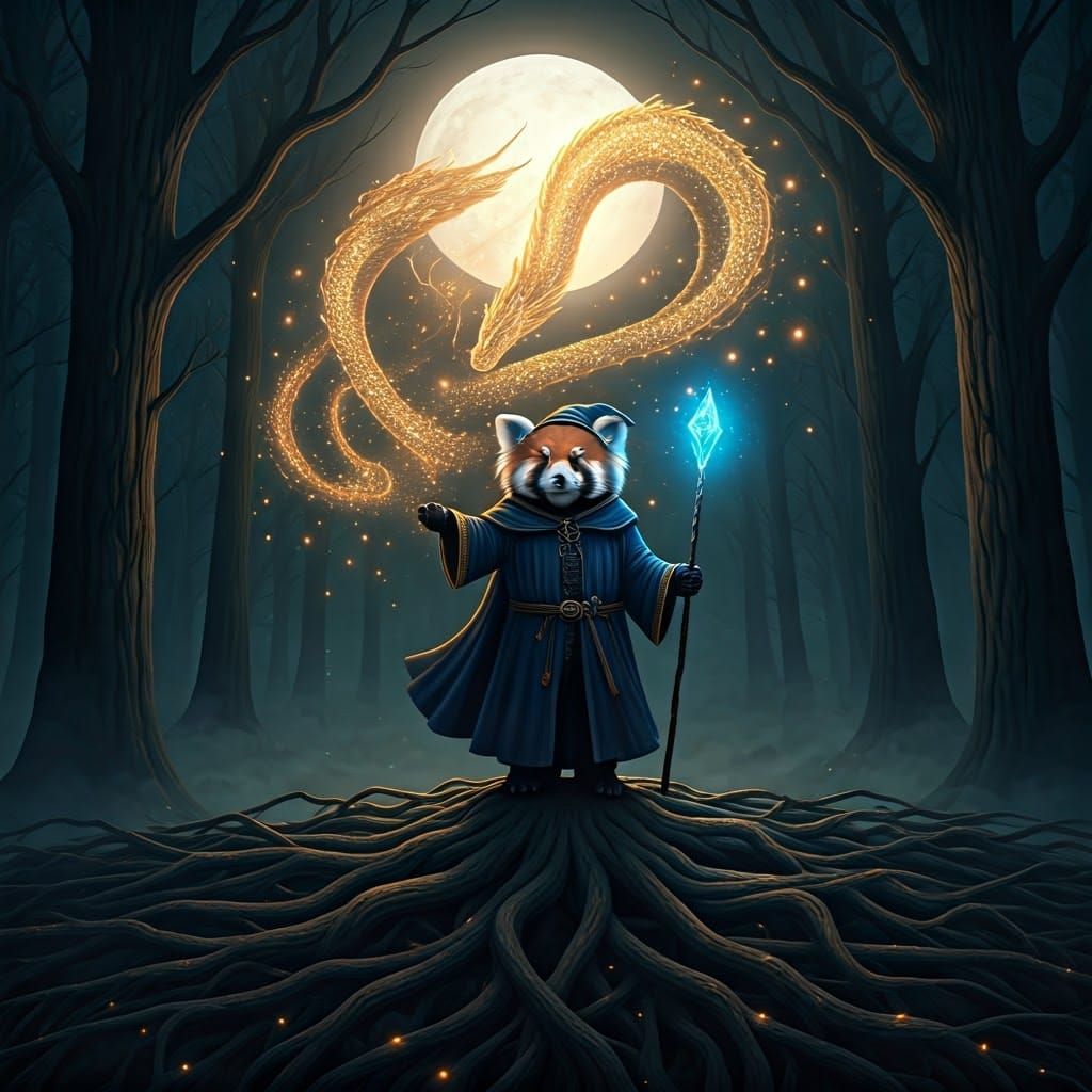 Red Panda Wizard Conjures Dragon in Enchanted Forest