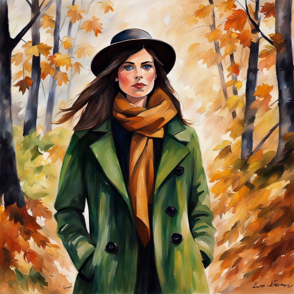 Woman in Autumn Woodland, Impressionist Style