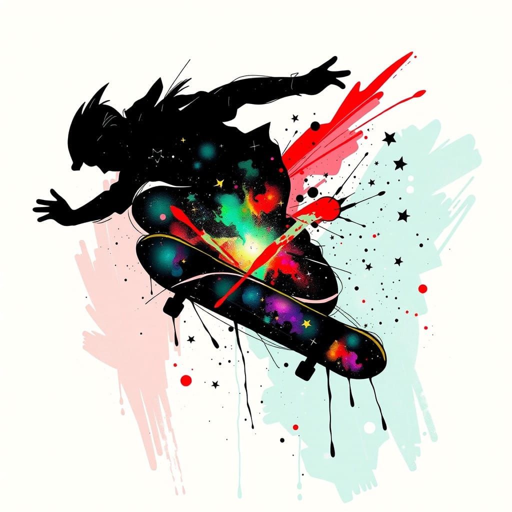 Vibrant Cosmic Skateboarder in Raw Hand-Drawn Style