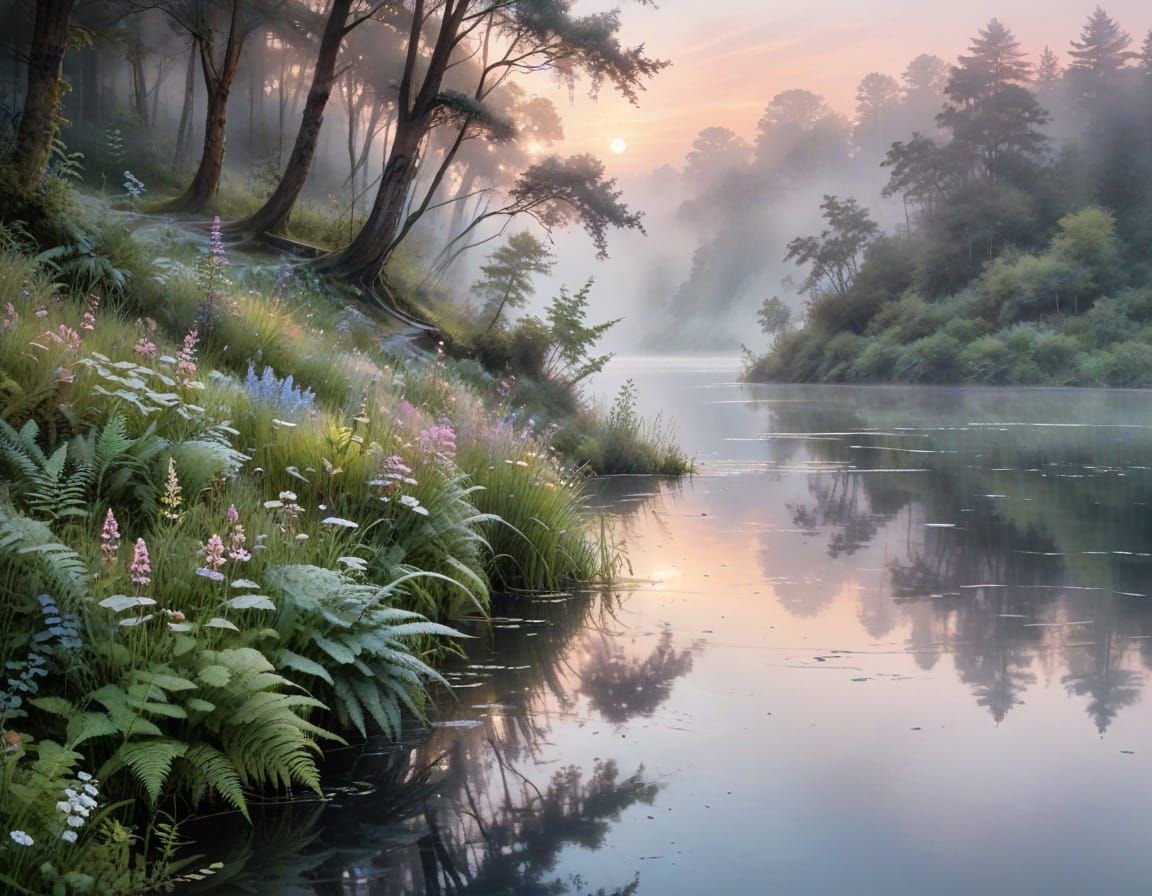 Misty Lakeside Path at Dawn in Watercolour Style