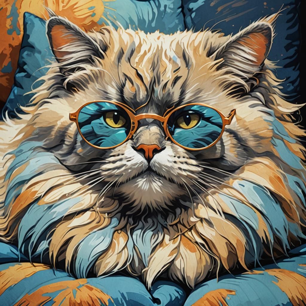 Angora Cat with Sunglasses in Whimsical Pop Art