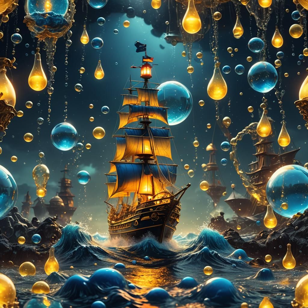 Ship Sails on Bubbles in Blue and Yellow Lava Lamp