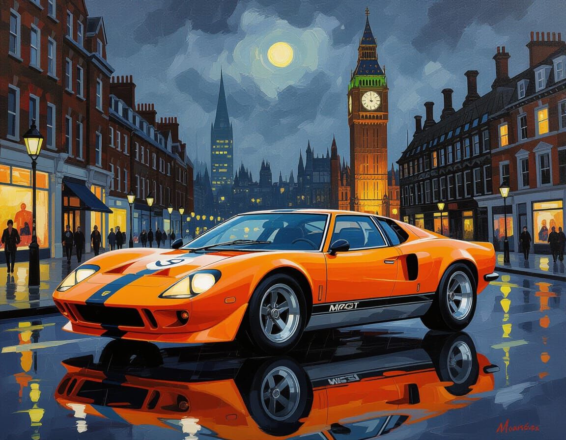 1969 McLaren M6GT in Papaya Orange on Rainy London Night