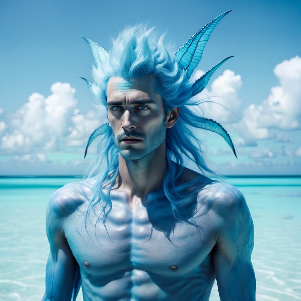 Blue Changeling Man on Coral Atoll Beach