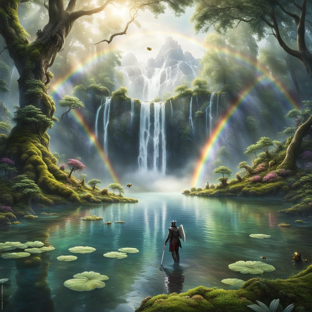 Mystical Forest Glade with Rainbow and Bumble Bee Rider