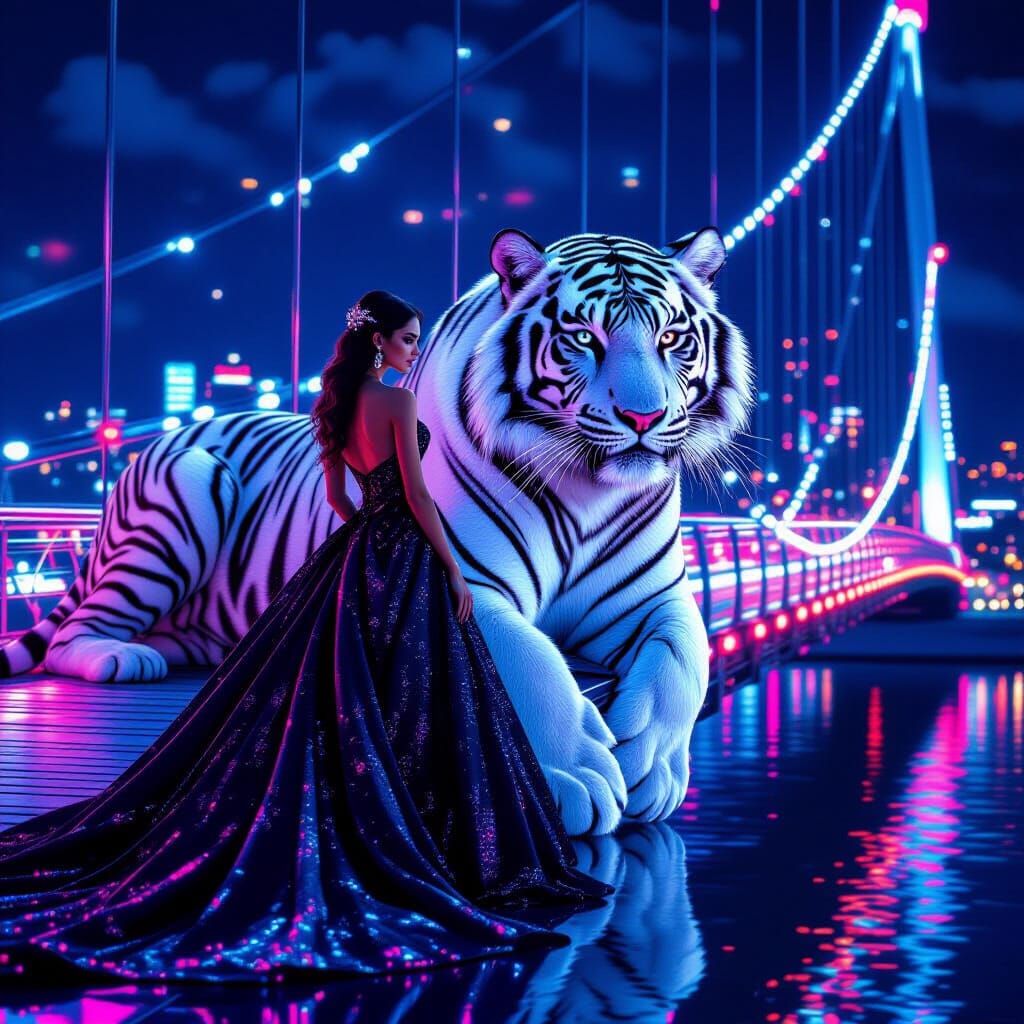 Girl and White Tiger on Neon Bridge