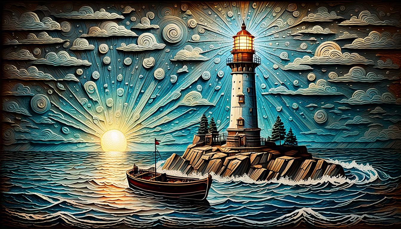 Vintage Embossed Lighthouse and Boat Digital Art