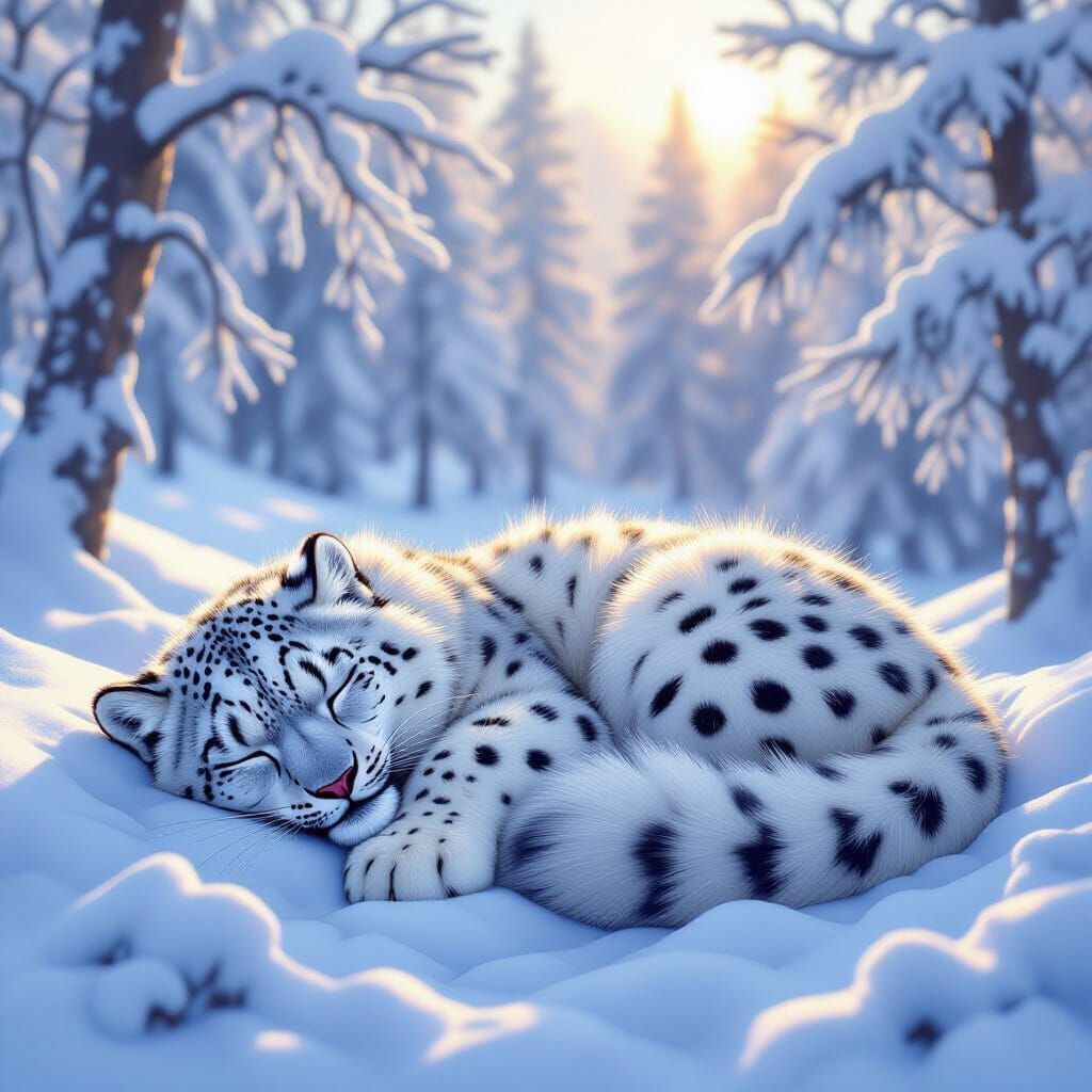 Sleeping Snow Leopard in a Hyperrealistic Digital Painting