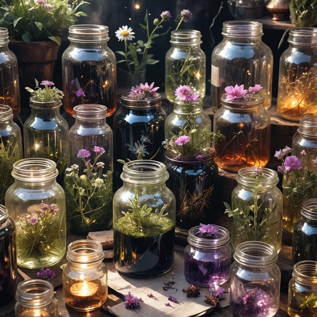 Alchemist Brewing Potion with Magic and Sunrays