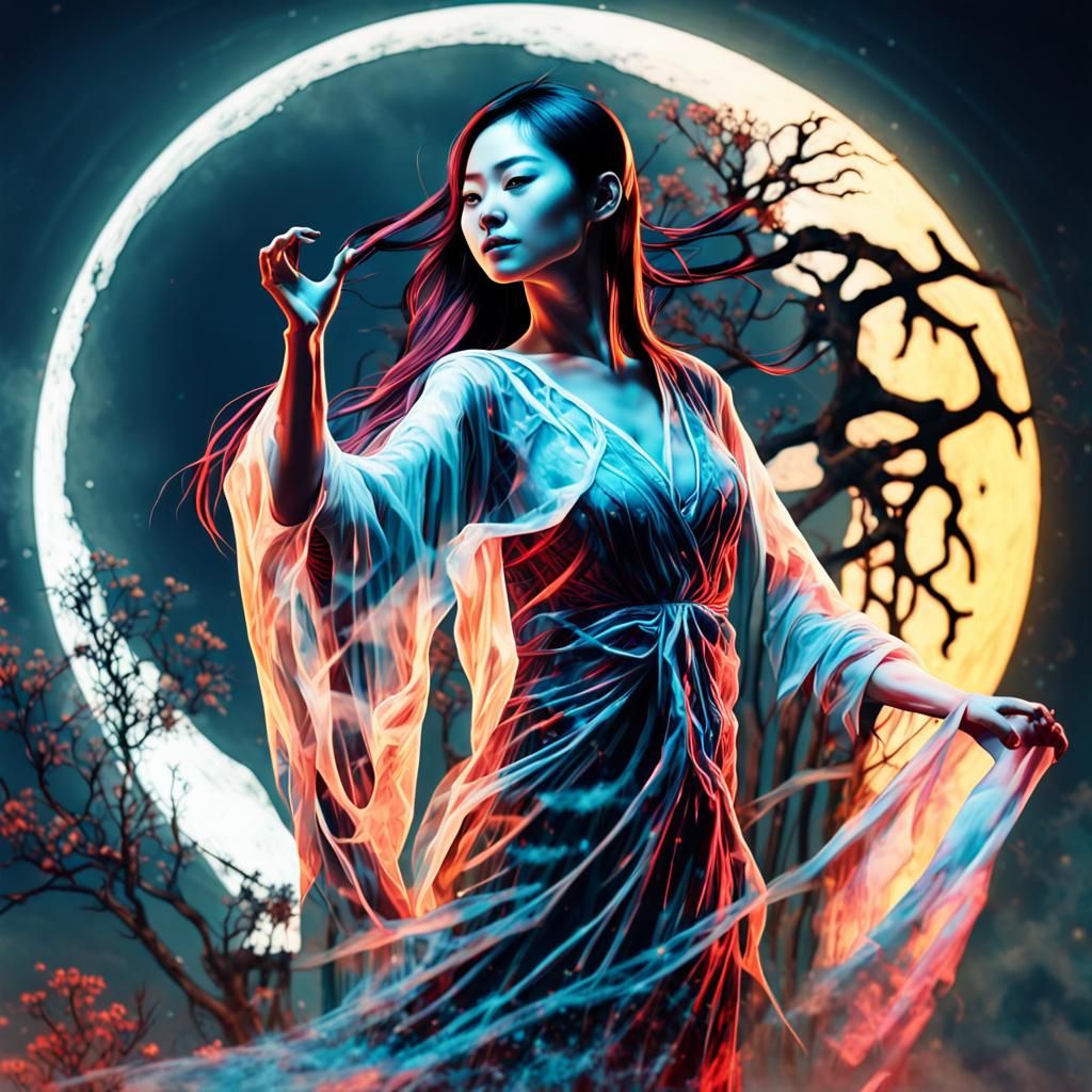 Asian Ghostly Figure Dancing in Moonlight