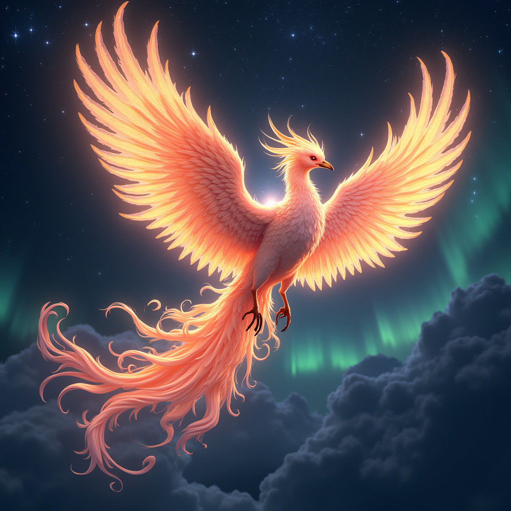 Angelic Phoenix Soaring Through Aurora Starscape