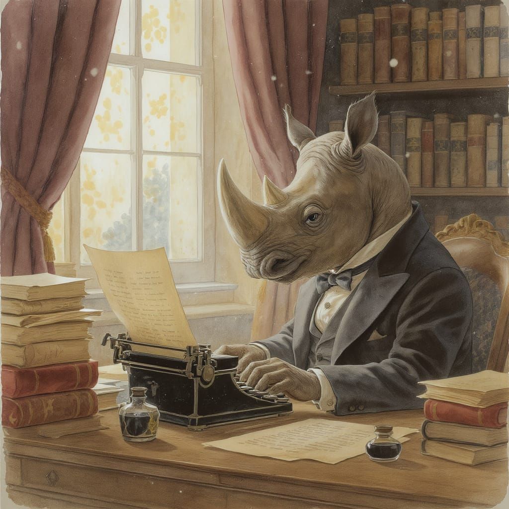 Rhinoceros Author at Typewriter in Watercolor Style
