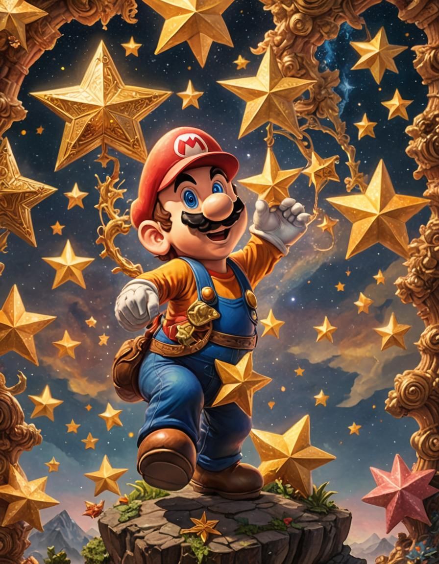 Super Mario Holding Star in Ukiyo-e Style