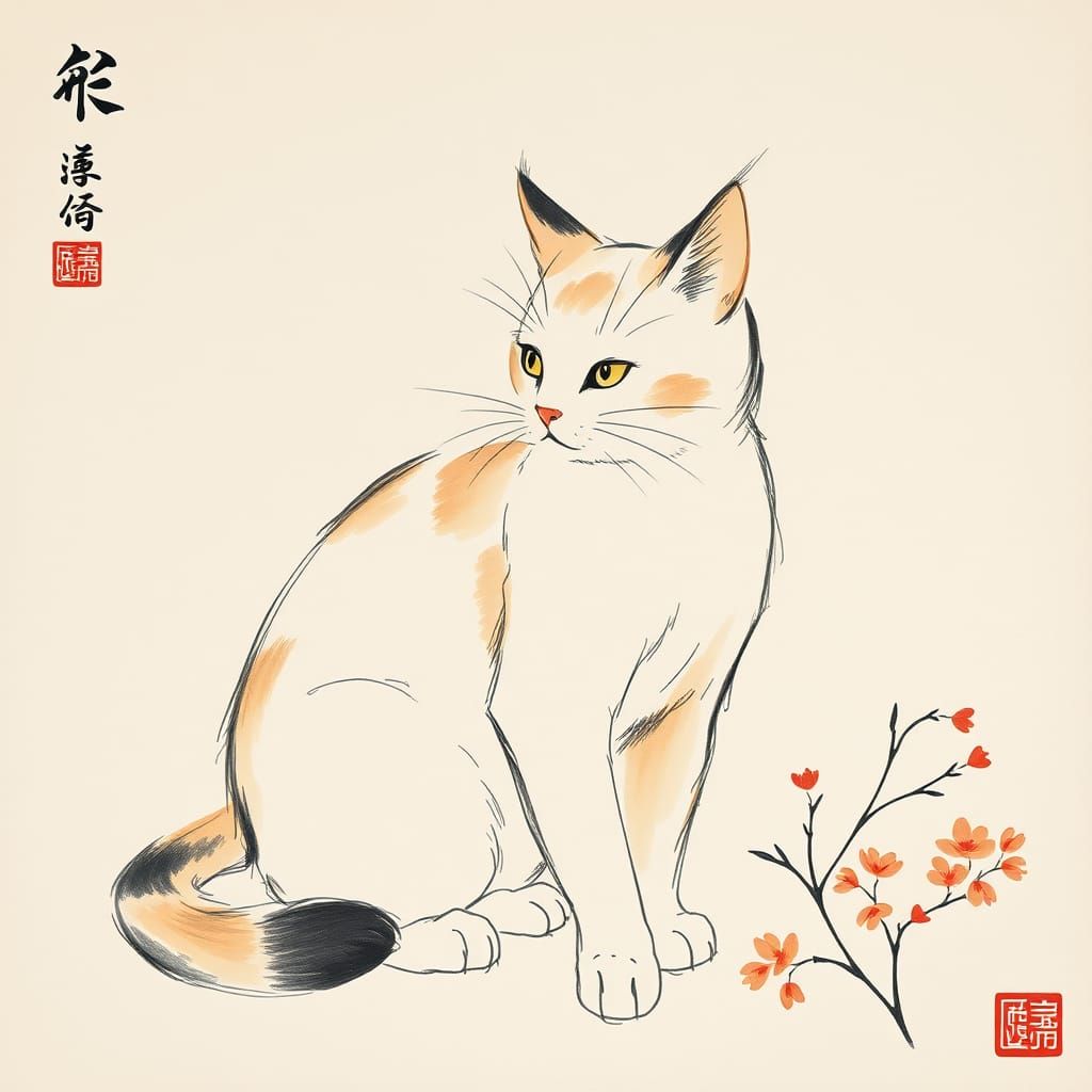 Cat Portrait in Qi Baishi Style Brushwork