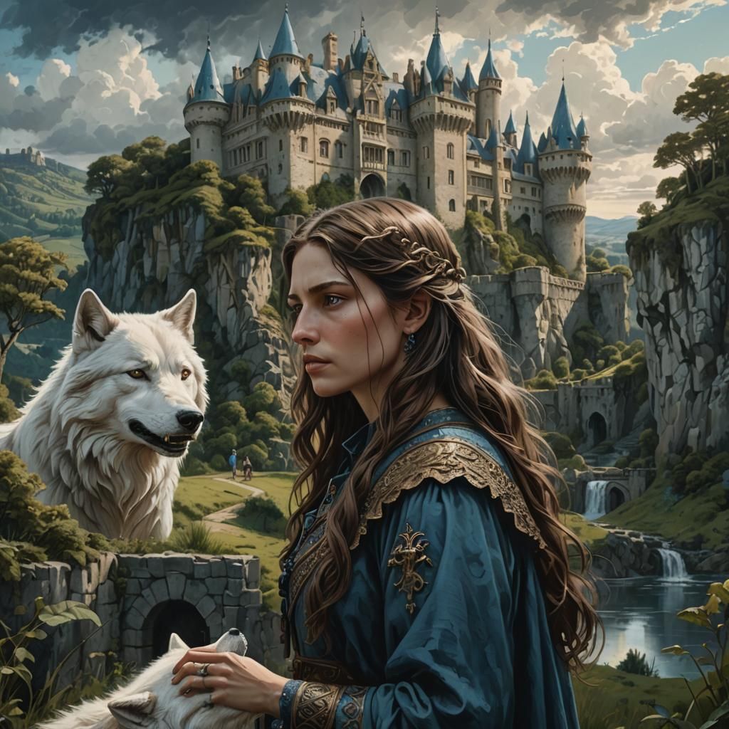 Woman, Wolf, and Skull in Gustave Doré Style