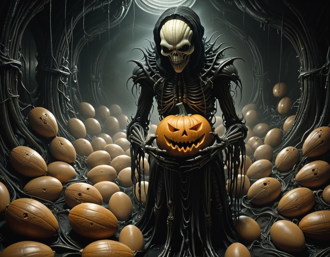 Biomechanical Scarecrow and Alien Eggs in Giger Style