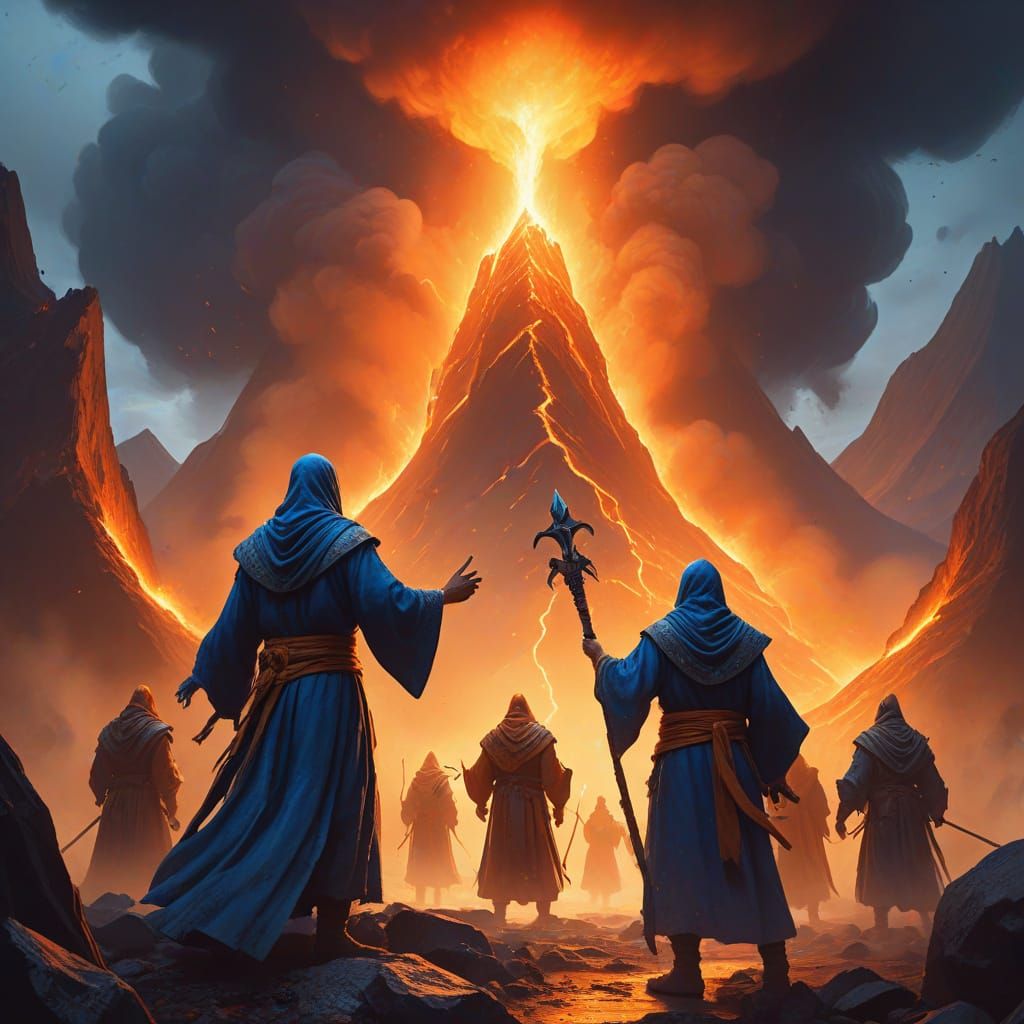 Wizards Unite to Stop Volcano: Fantasy Oil Painting