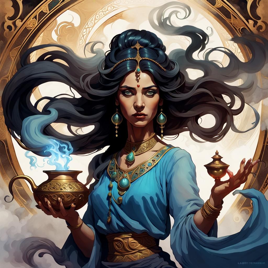 Evil Genie Emerges from Lamp in Dark Fantasy Style