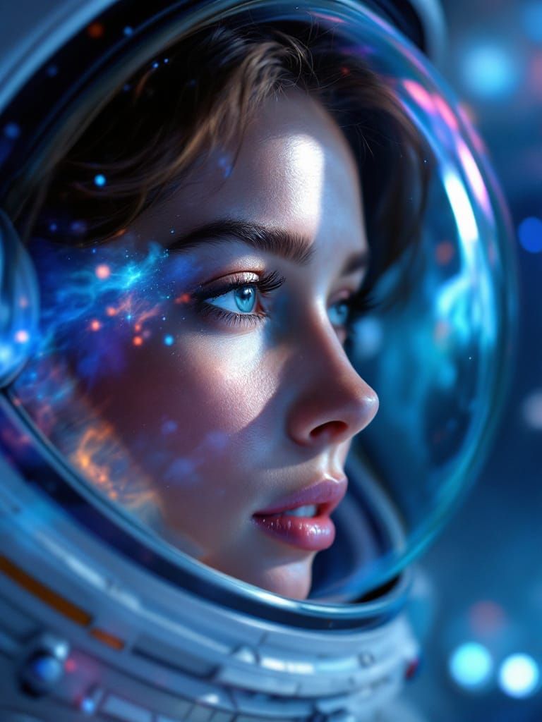 Audrey Hepburn Astronaut in Star Trek Ship with Nebulae Refl...