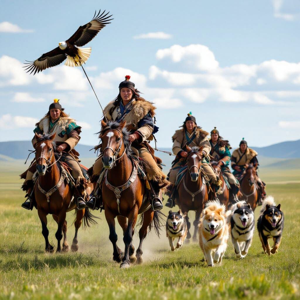 Mongolian Warriors Riding with Eagles and Dogs